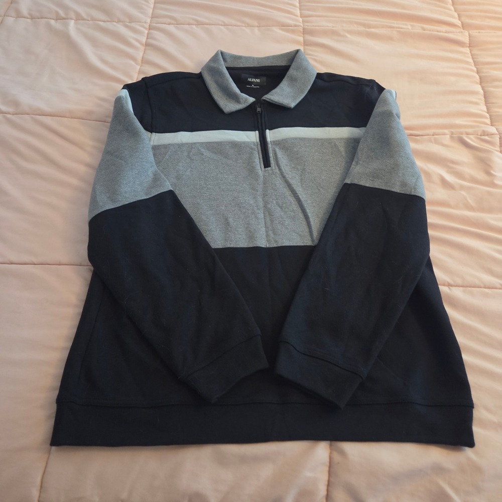 Alfani Mens Medium Quarter Zip Colorblock Pullover Sweatshirt Black Grey